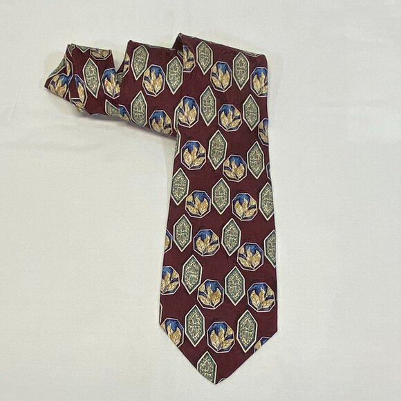 Hickey-Freeman Hand Sewn USA Silk Wide Neck Tie Maroon Framed Shapes - Picture 3 of 5